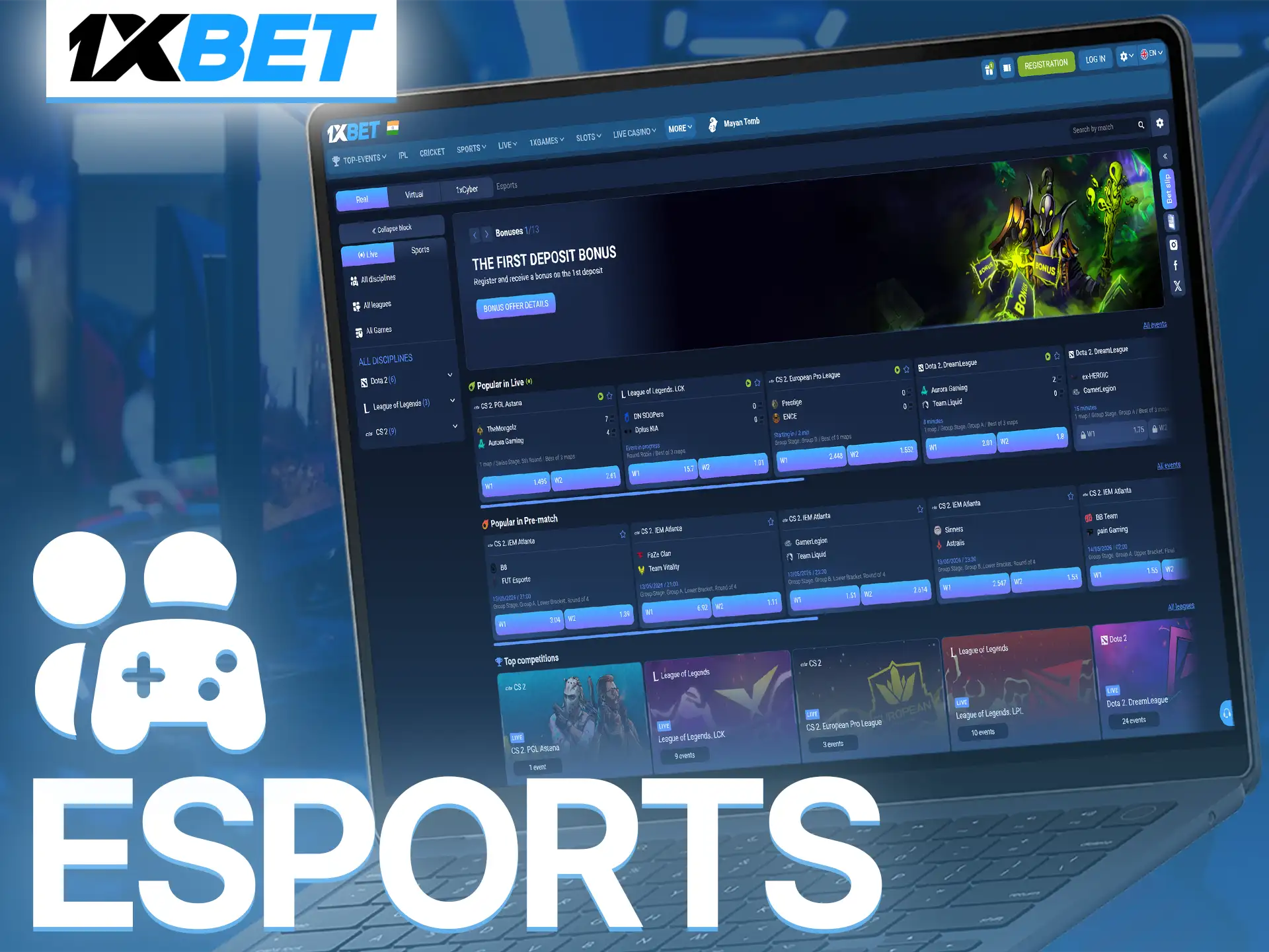 Dive into professional eSports sports tournaments and bet at 1xBet.