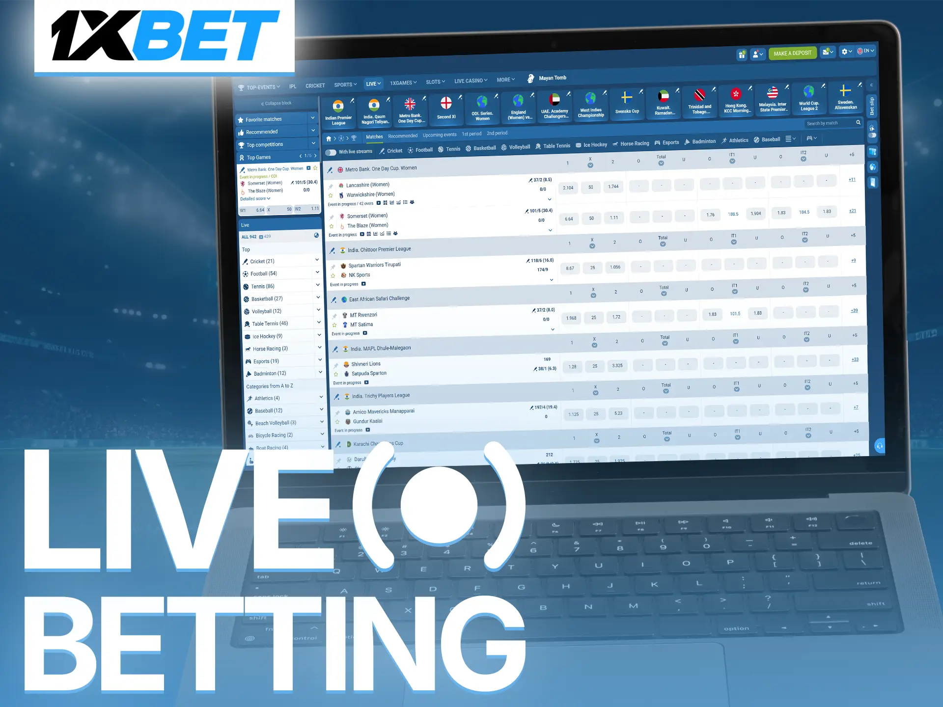 Watch live matches and place real-time sports bets at 1xBet.
