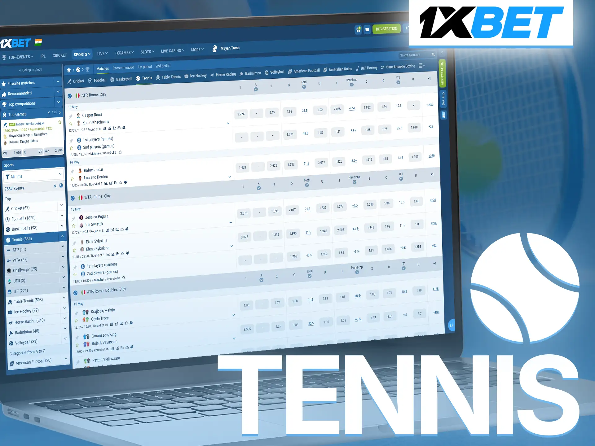 Back your top tennis players with sports wagers at 1xBet.