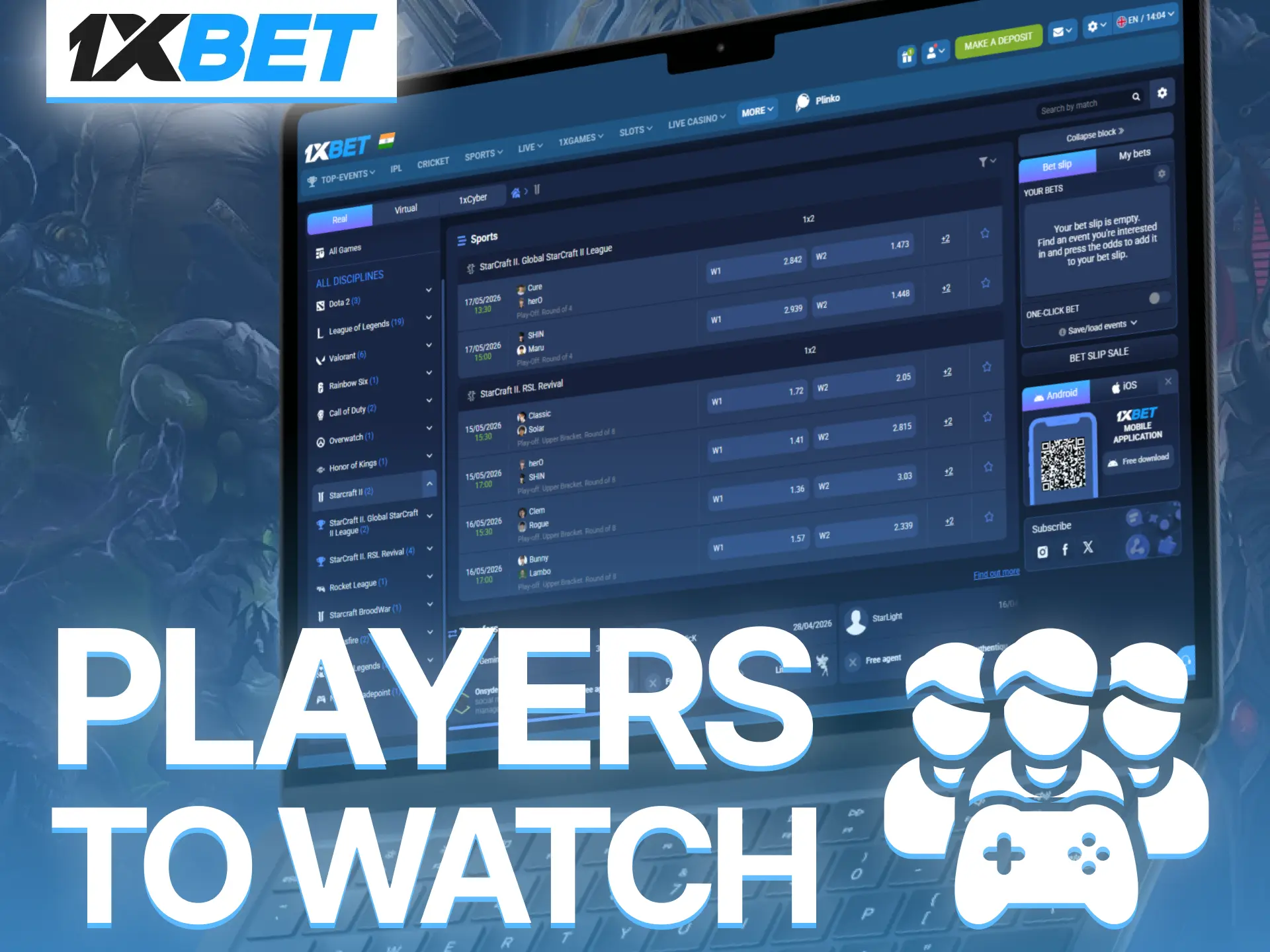 Watch leading StarCraft II players on 1xBet and follow seasonal tournaments.