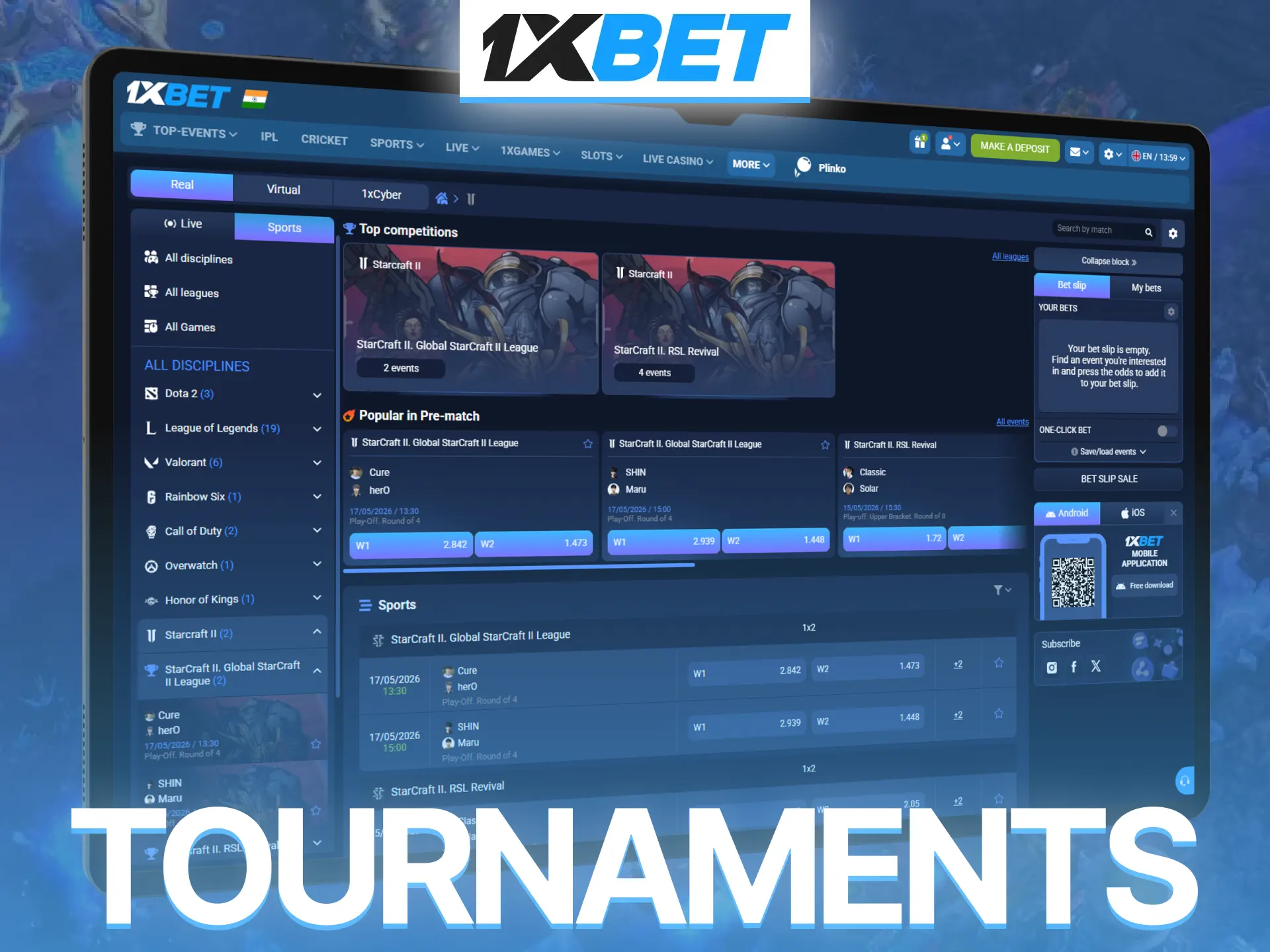 Follow top StarCraft II tournaments on 1xBet and enjoy live esports action.