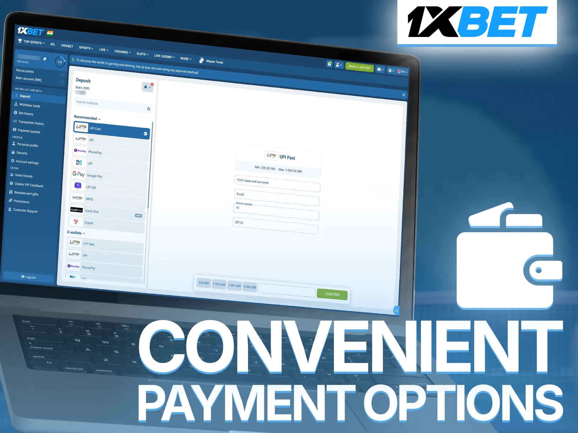 Select comfortable payment options to fund your table tennis wallet.