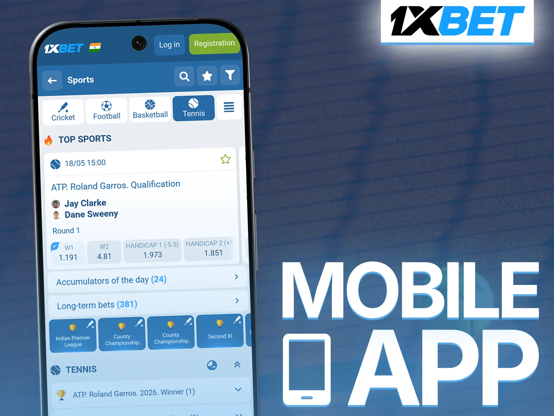 Install the official 1xBet application to gamble on tennis anytime.