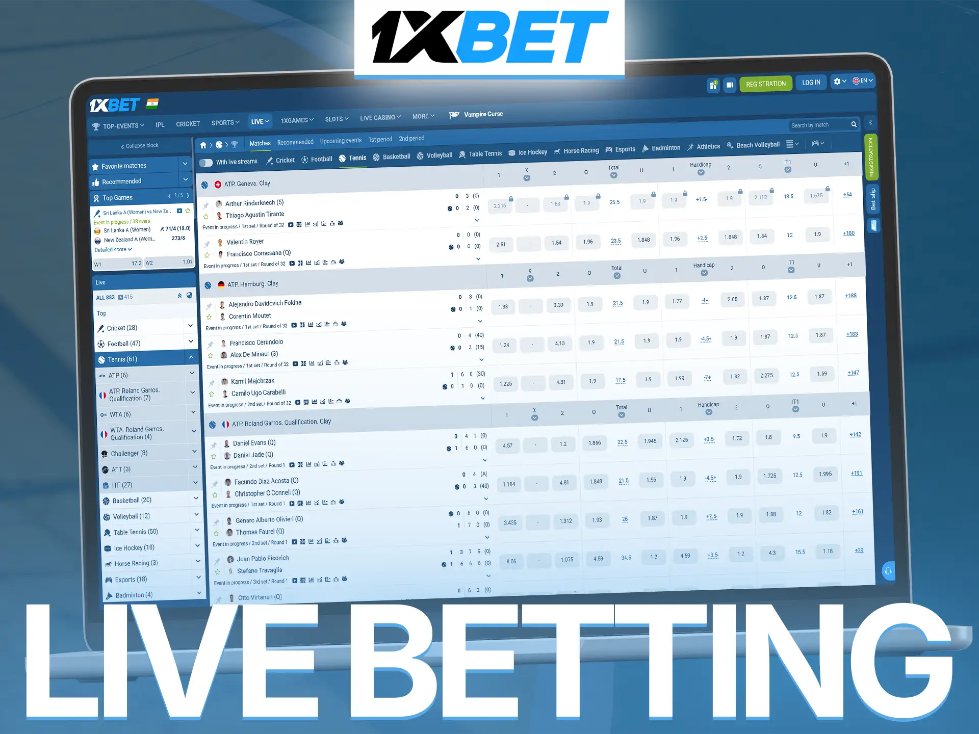 Watch real time tennis matches and make profitable live decisions.