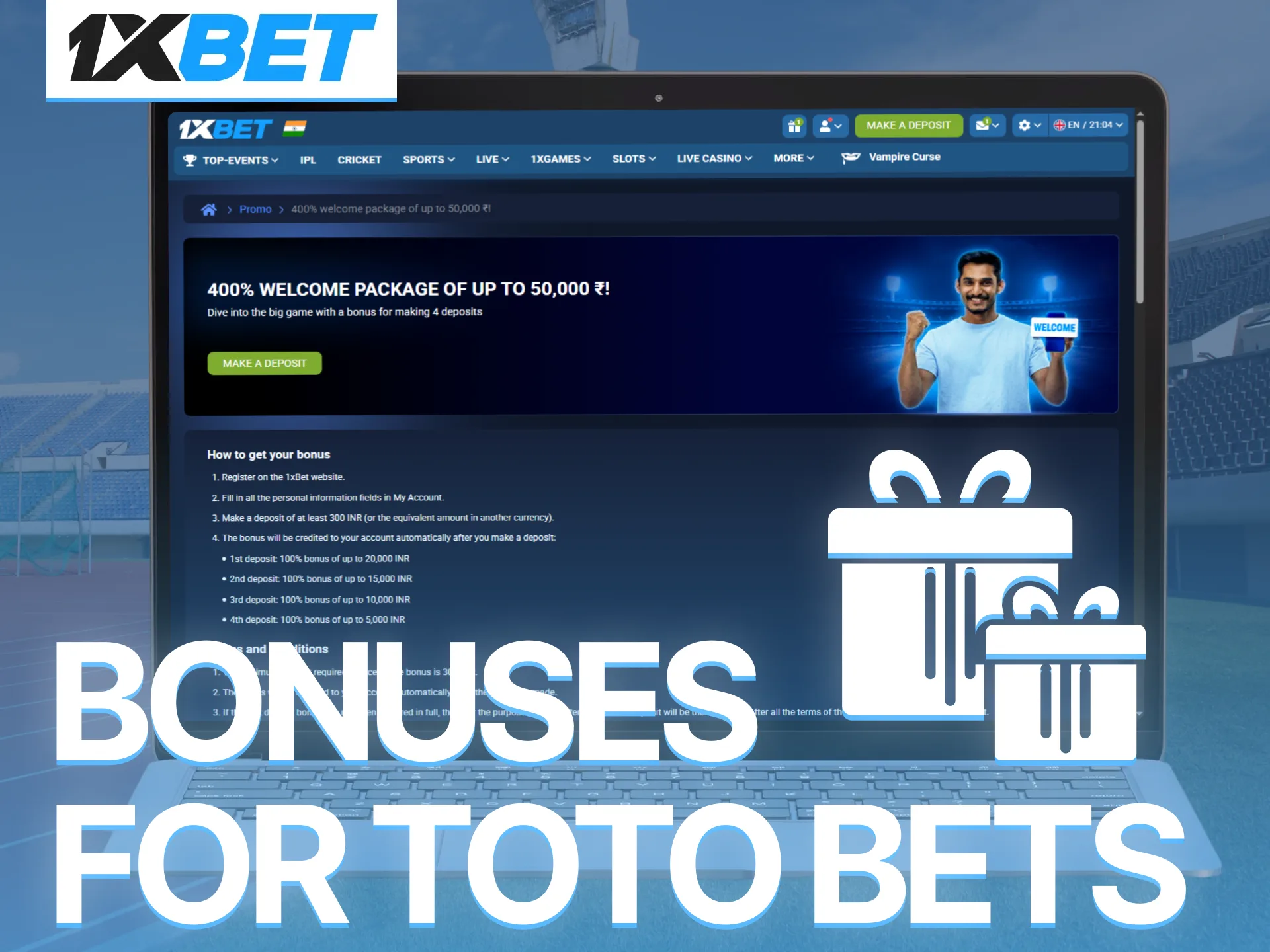 Claim rewarding promotions and sports bonuses to maximize your 1xBet TOTO stakes.