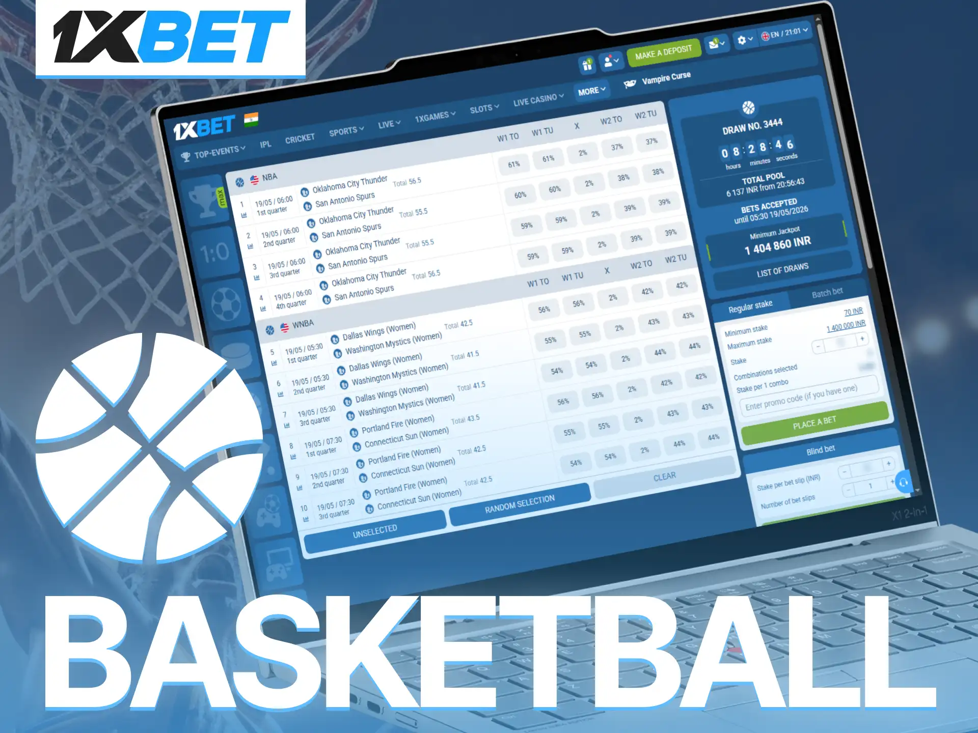 Guess the final results of intense basketball games available on 1xBet TOTO.