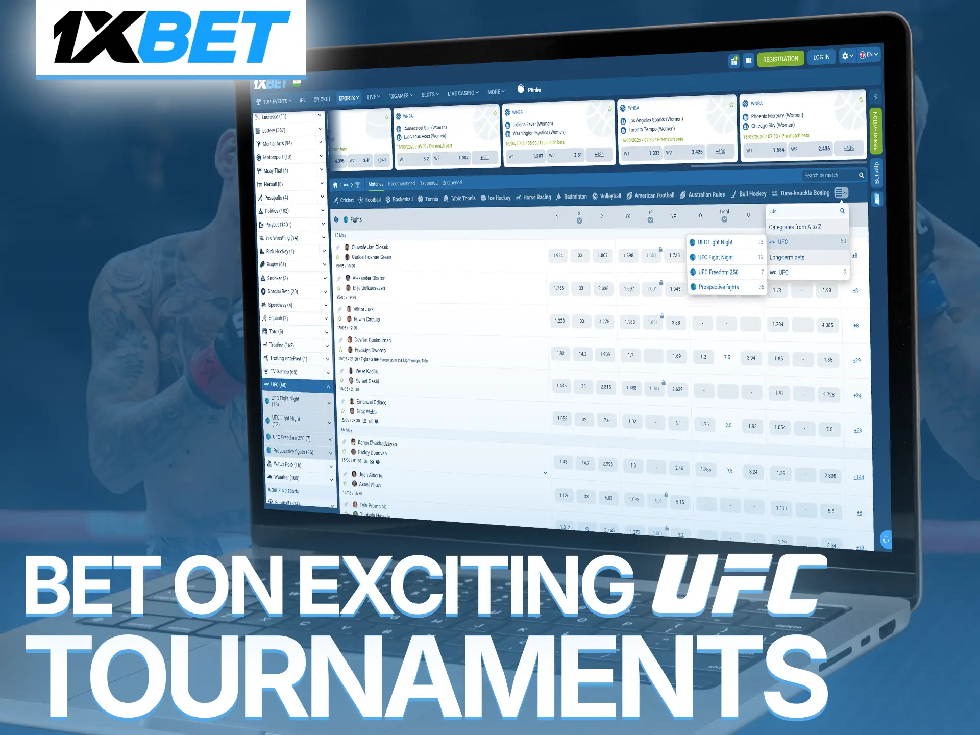 Discover diverse UFC tournaments and place your winning bets at 1xBet.