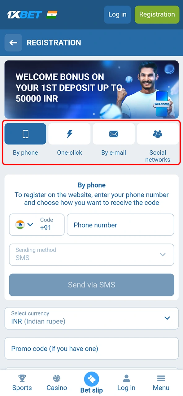 Pick your preferred registration method to join 1xBet for UFC wagering.