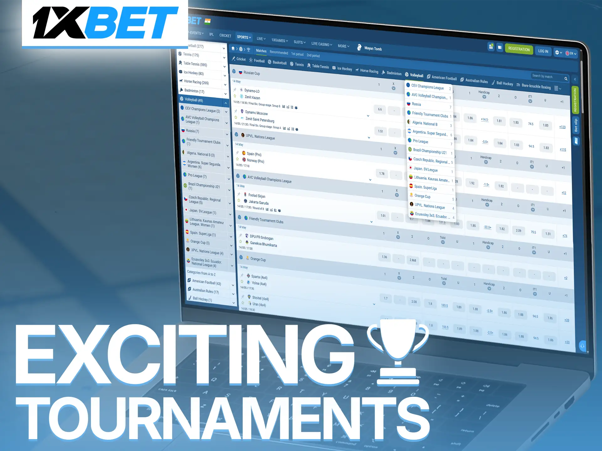 Explore top volleyball tournaments and start placing your bets with 1xBet.