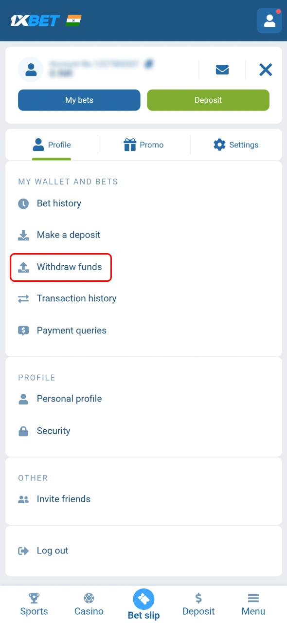 Select withdraw funds option on 1xBet and continue transaction process securely.